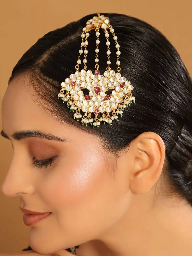 Gold plated kundan & red stone studded jhumar paasa head jewellery