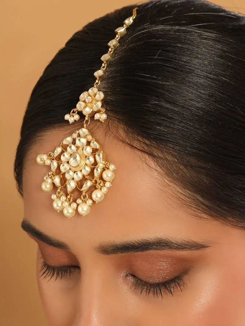 Gold plated kundan studded maang tikka head jewellery