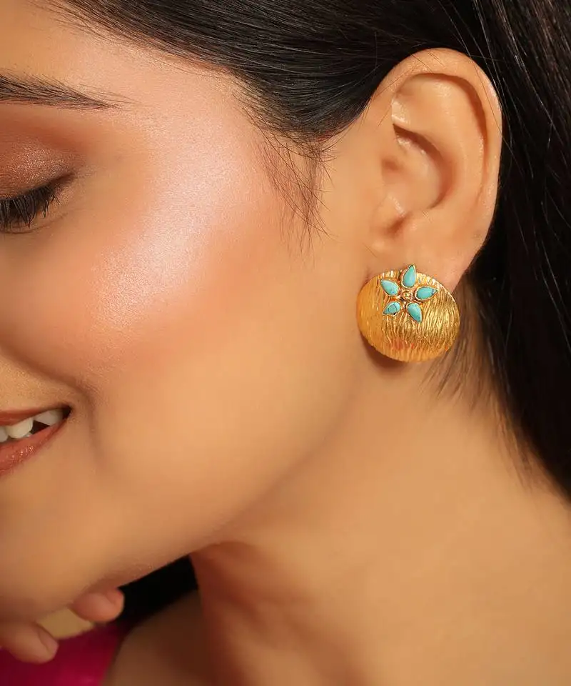 Gold plated turquoise flower stud earrings