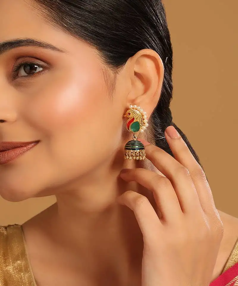 Gold plated pearls studded contemporary shaped enamel jhumkas