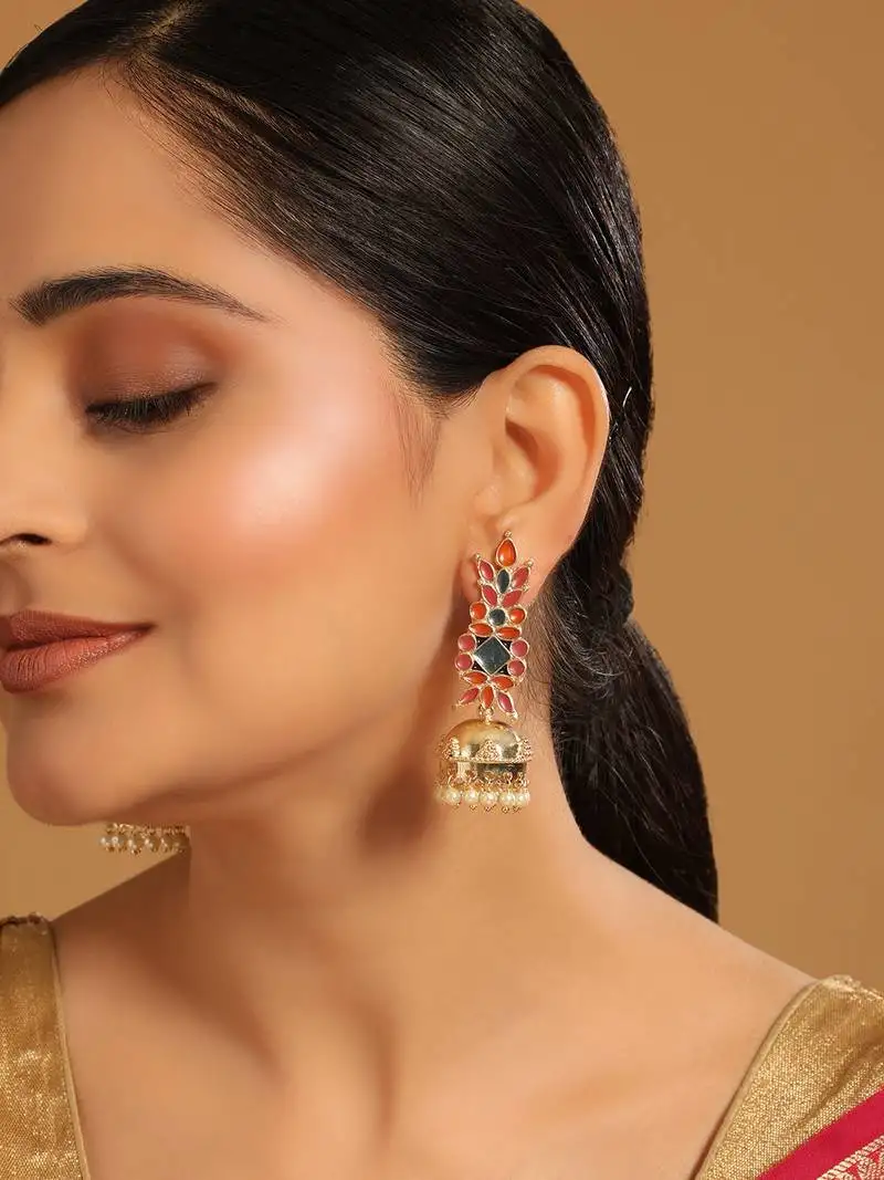 Gold plated enamel & beaded dome shaped jhumka earrings