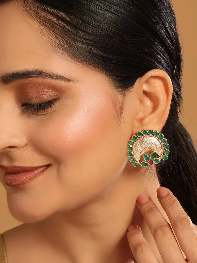 Gold plated faux emerald stone studded contemporary shaped studs