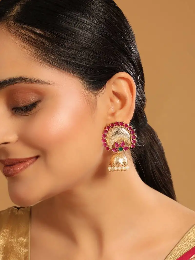 Gold plated ruby & pearl studded dome shaped jhumkas