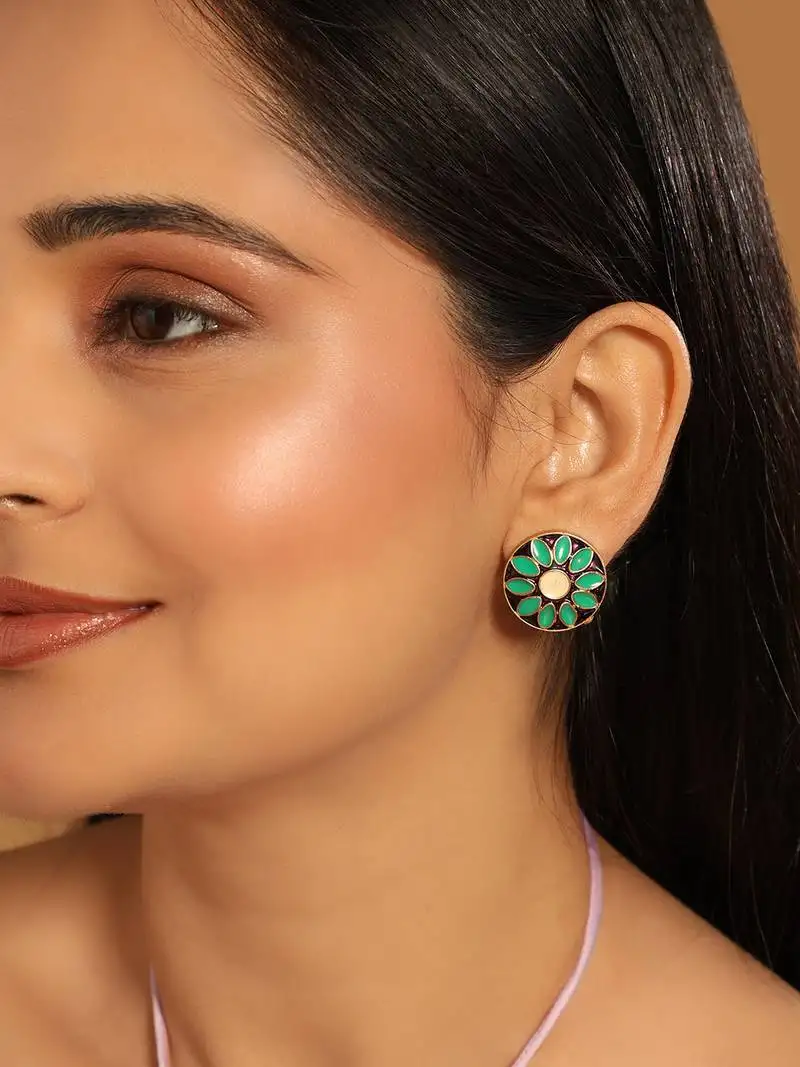 Gold plated circular shaped sea green enamelled floral motif studs