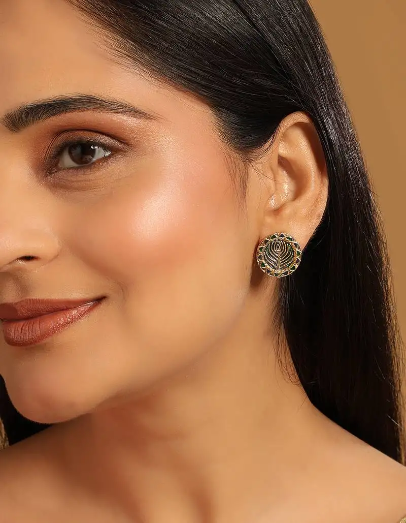 Gold plated contemporary round shaped enamel studs