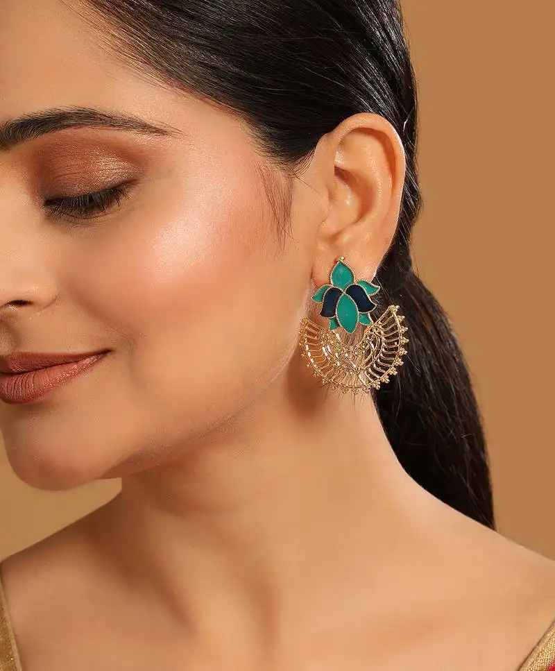 Gold plated turquoise enamel studded indo western floral jali statement stud earrings