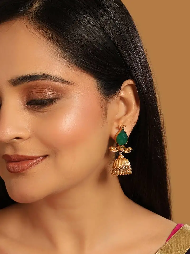 Gold plated emerald stone studded ethnic jhumkas