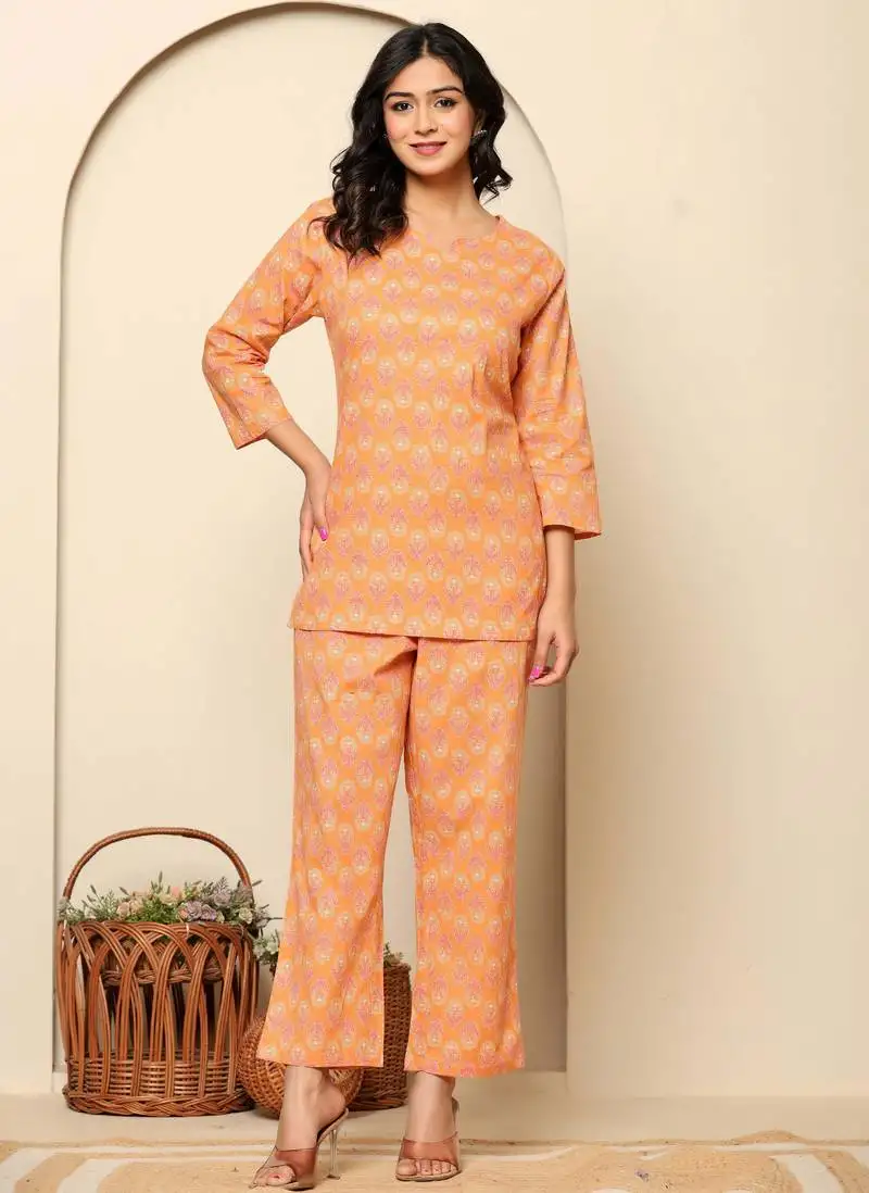 Peach printed cotton co- ord set