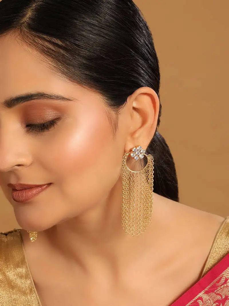 Gold plated crystal studded floral stud contemporary dangler earrings