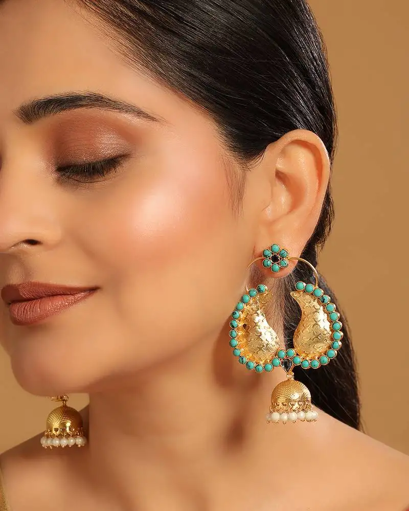 Gold plated turquoise stone studded contemporary mini jhumki dangler earrings