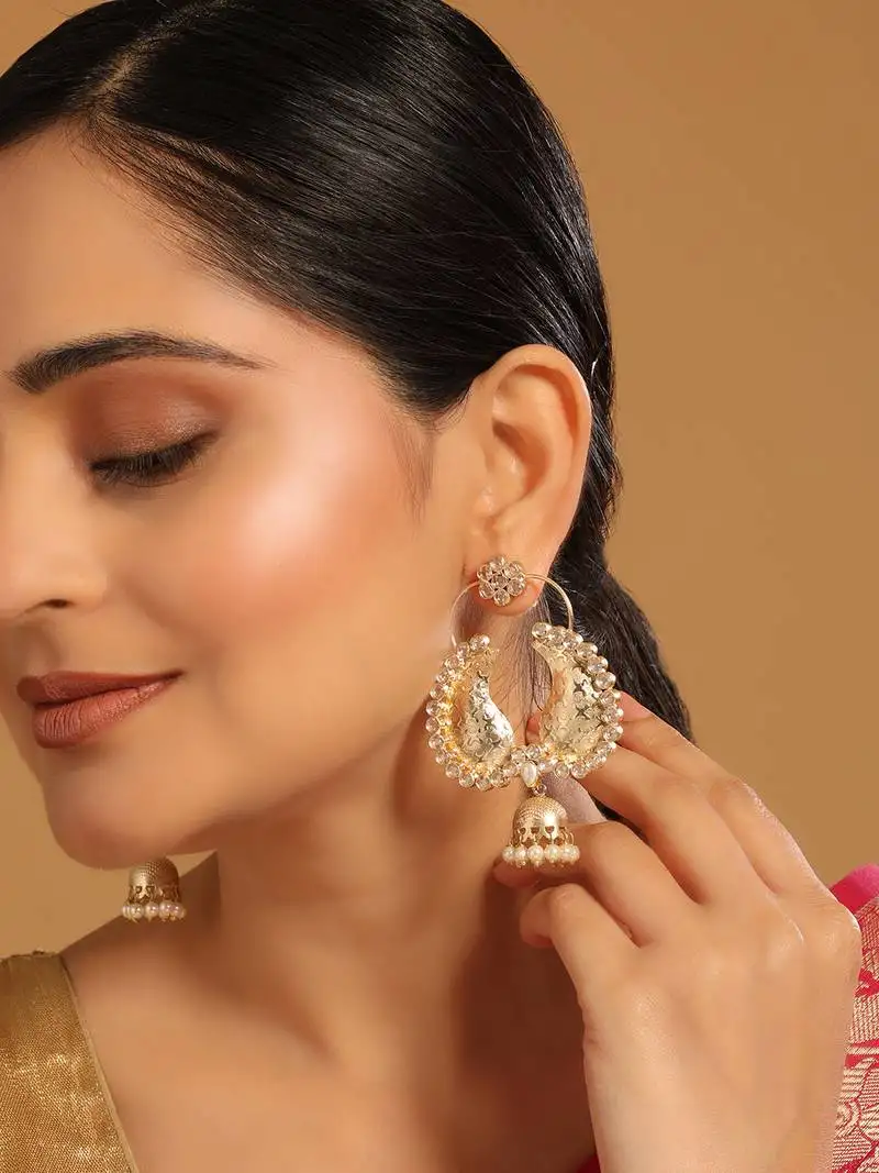 Gold plated white stone studded contemporary mini jhumki dangler earrings