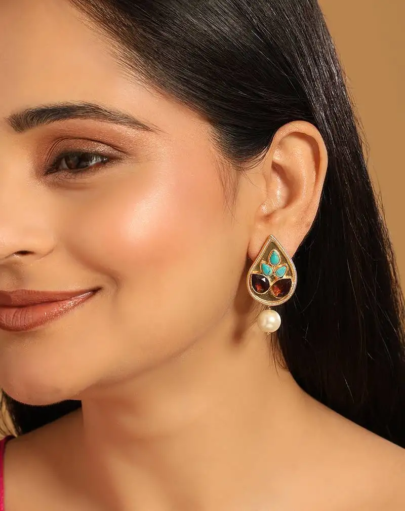 Gold plated faux turquoise stone studded contemporary petal shaped pearl drop stud earrings