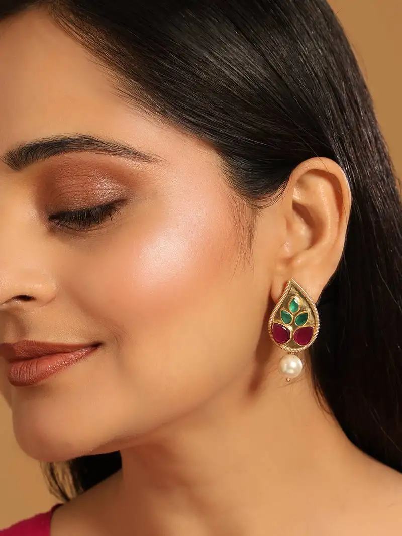 Gold plated ruby stone studded contemporary petal shaped pearl drop stud earrings