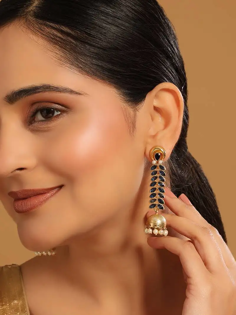 Gold plated blue onyx & pearl studded dome shaped jhumkas