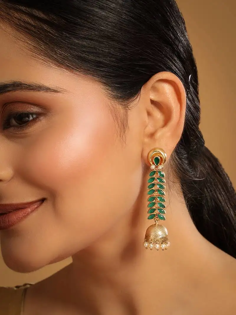 Gold plated green fern earrings