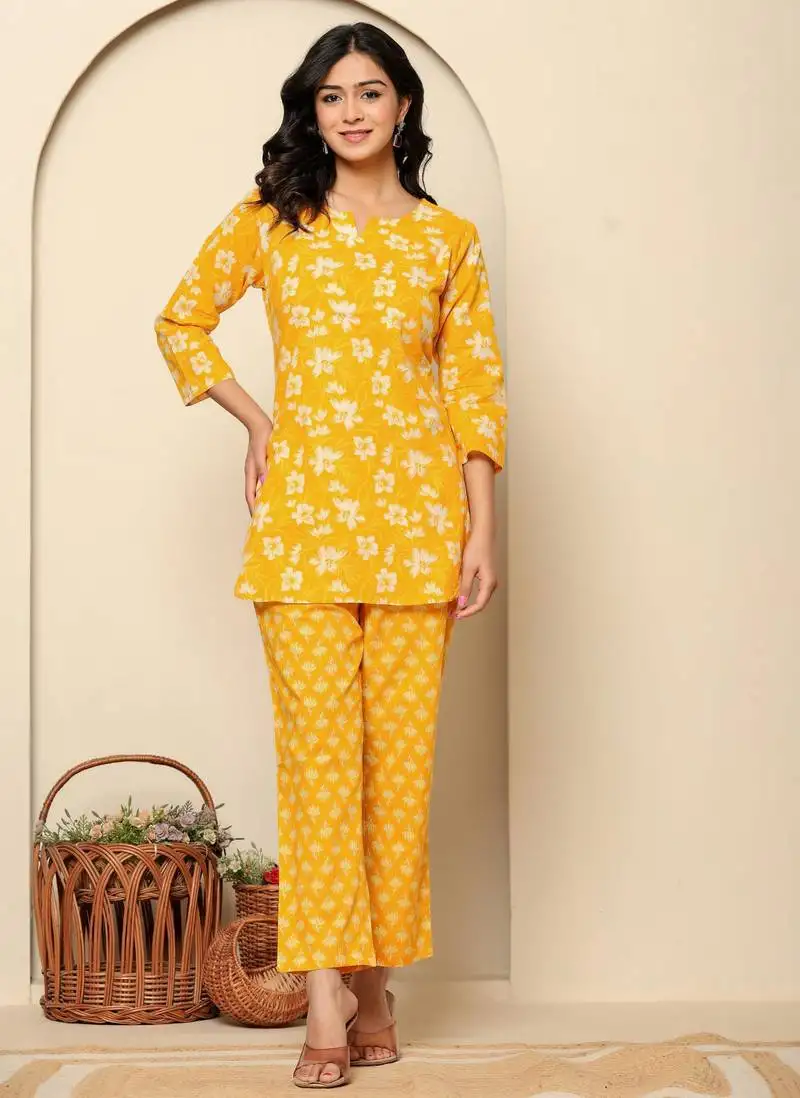 Yellow printed cotton co- ord set