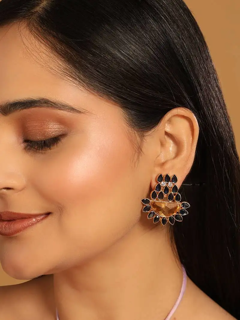 Gold plated crystal studded contemporary floral shaped stud earrings