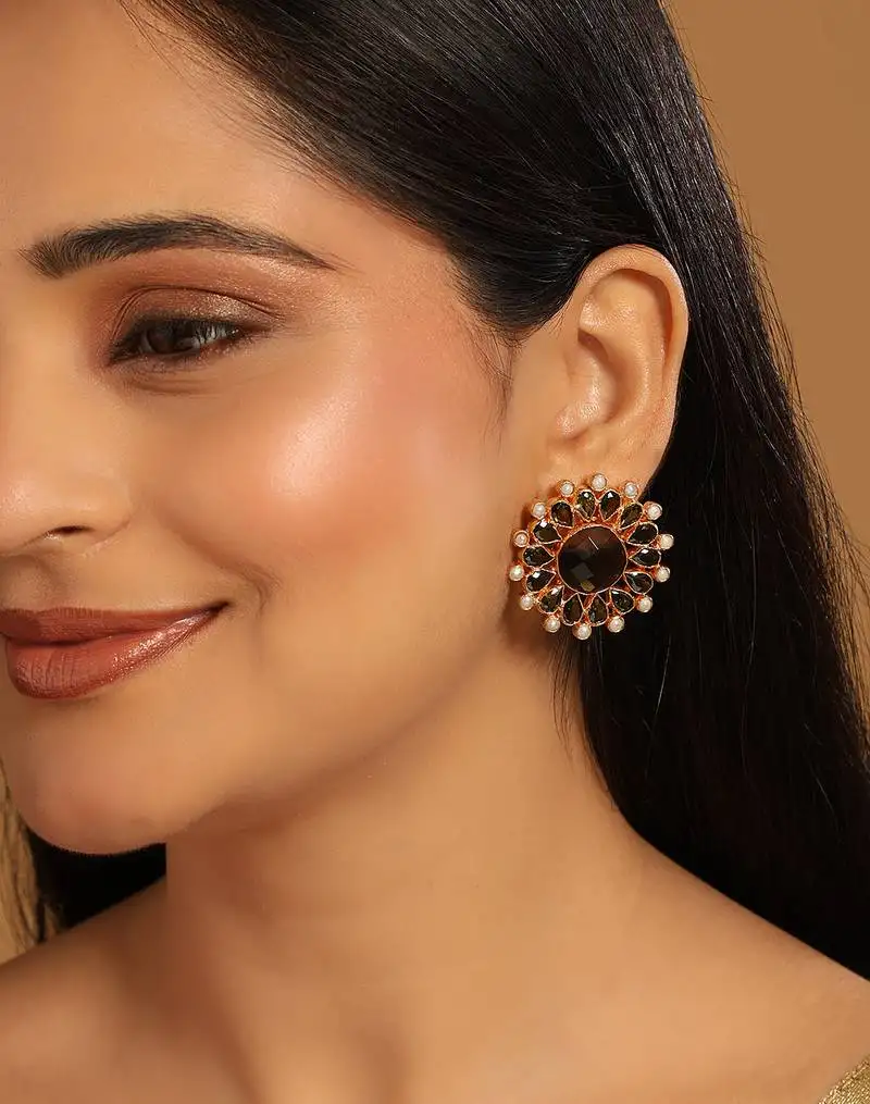 Gold plated faux smoky quartz & crystal studded contemporary floral studs