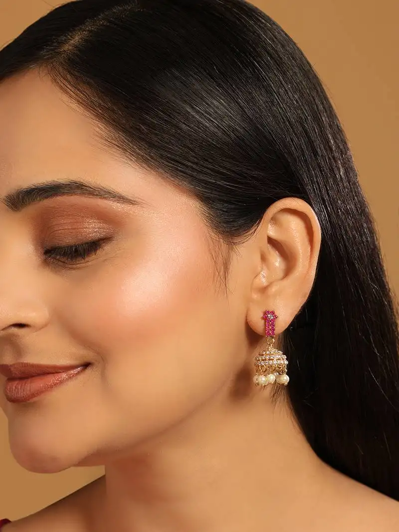 Gold plated pearl 7 colored stone studded contemporary shaped pink mini jhumkas