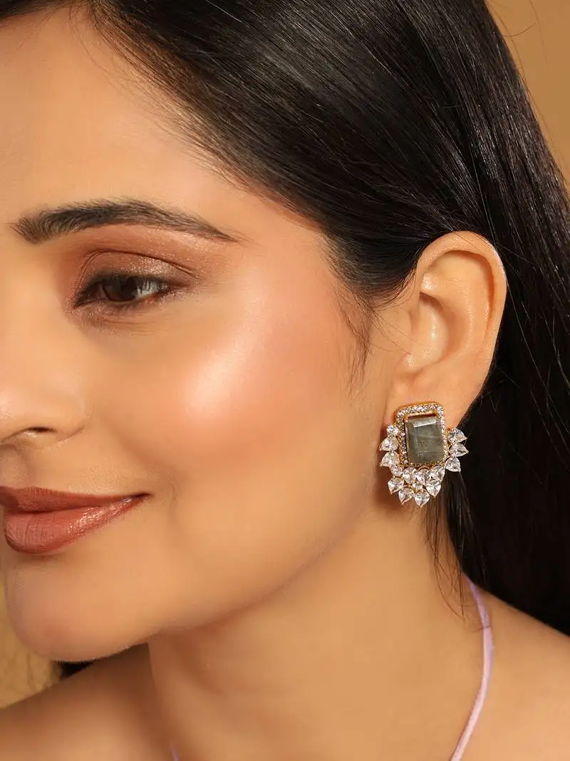 Gold plated labradorite stone contemporary stud earrings