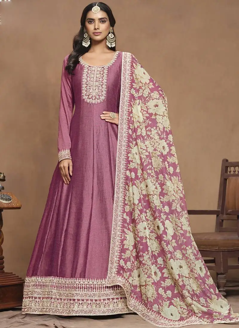 Onion pink art silk embroidered anarkali suit semi stitched