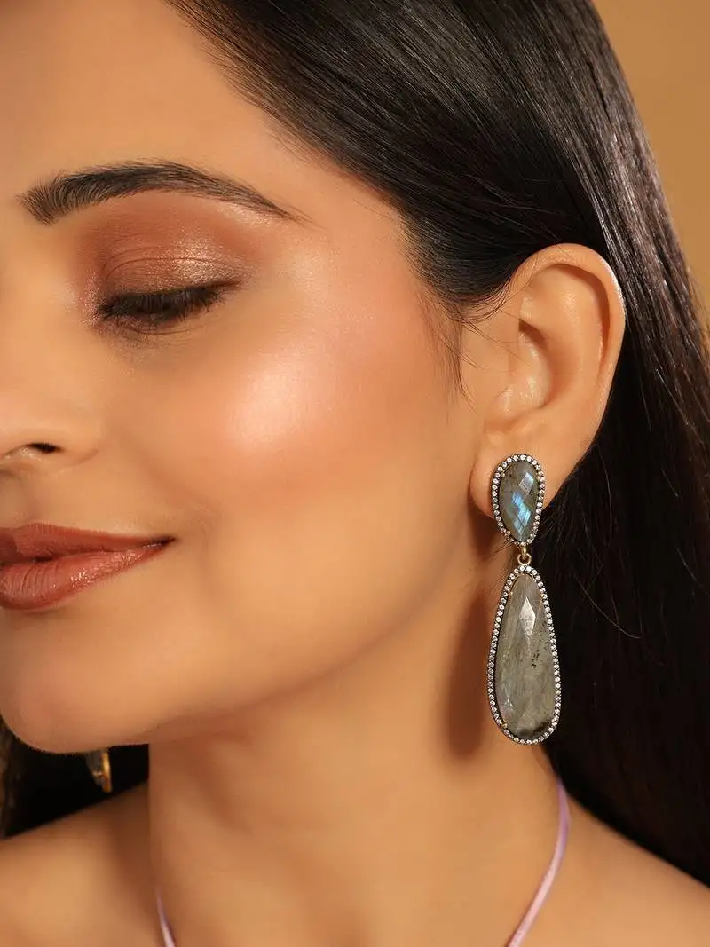 Gold plated labradorite stone contemporary drop earrings