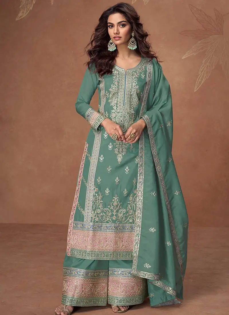 Pista green embroidery work silk palazzo semi stitched