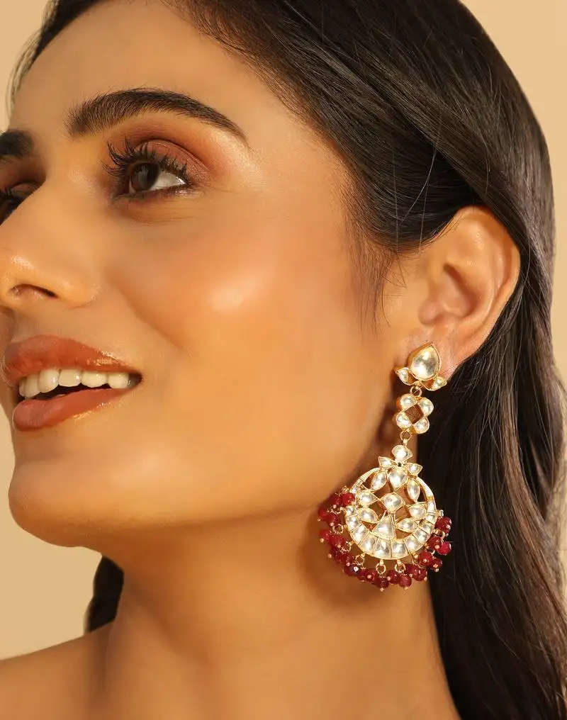 Gold plated serenoor ruby kundan chandbali earrings