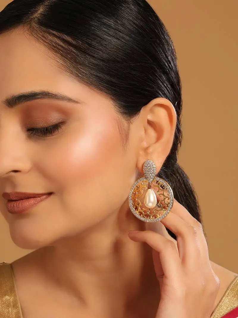 Gold plated cubic zirconia studded contemporary moon shaped pearl drop chandbalis