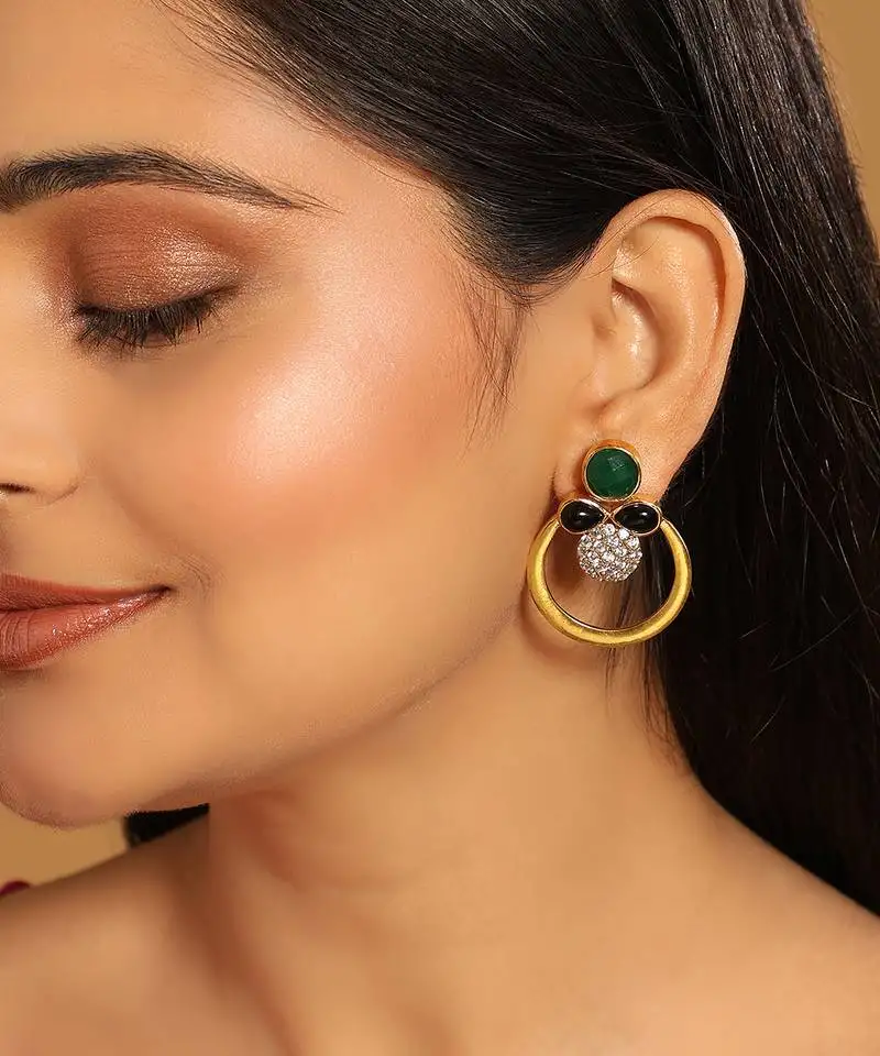 Gold plated cubic zirconia studded contemporary stone earrings