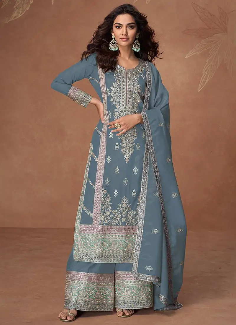 Grey embroidery sequin work silk palazzo semi stitched