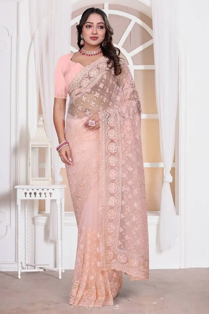 Diamond embroidered resham zari and zarkan work net classic saree in peach for ceremonial