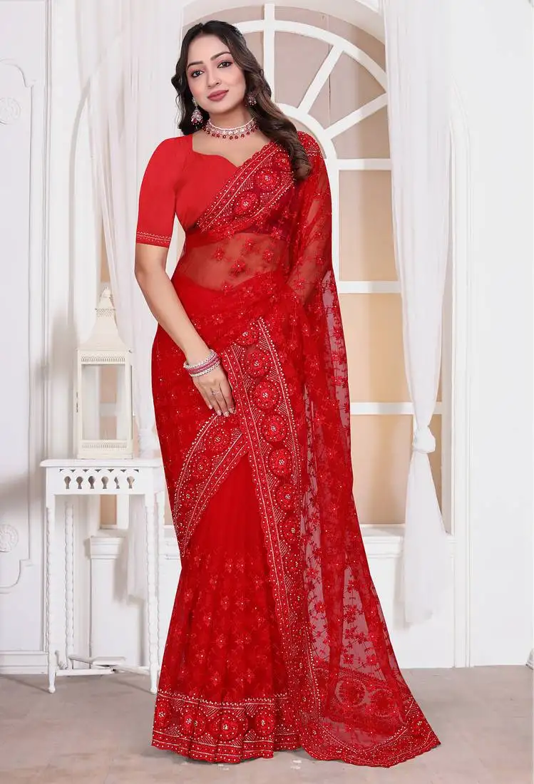 Diamond embroidered resham zari and zarkan work net classic saree in red for ceremonial