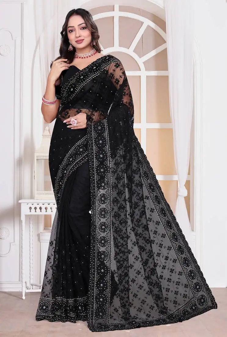 Diamond embroidered resham zari and zarkan work net classic saree in black for ceremonial