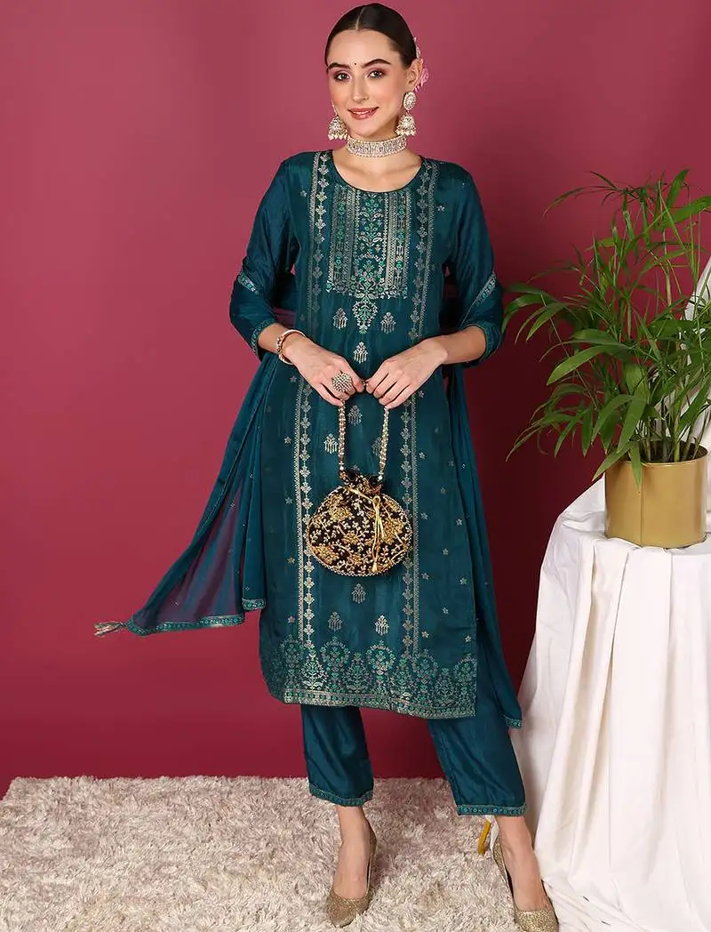 Women teal silk blend ethnic motifs woven design straight kurta trouser with dupatta