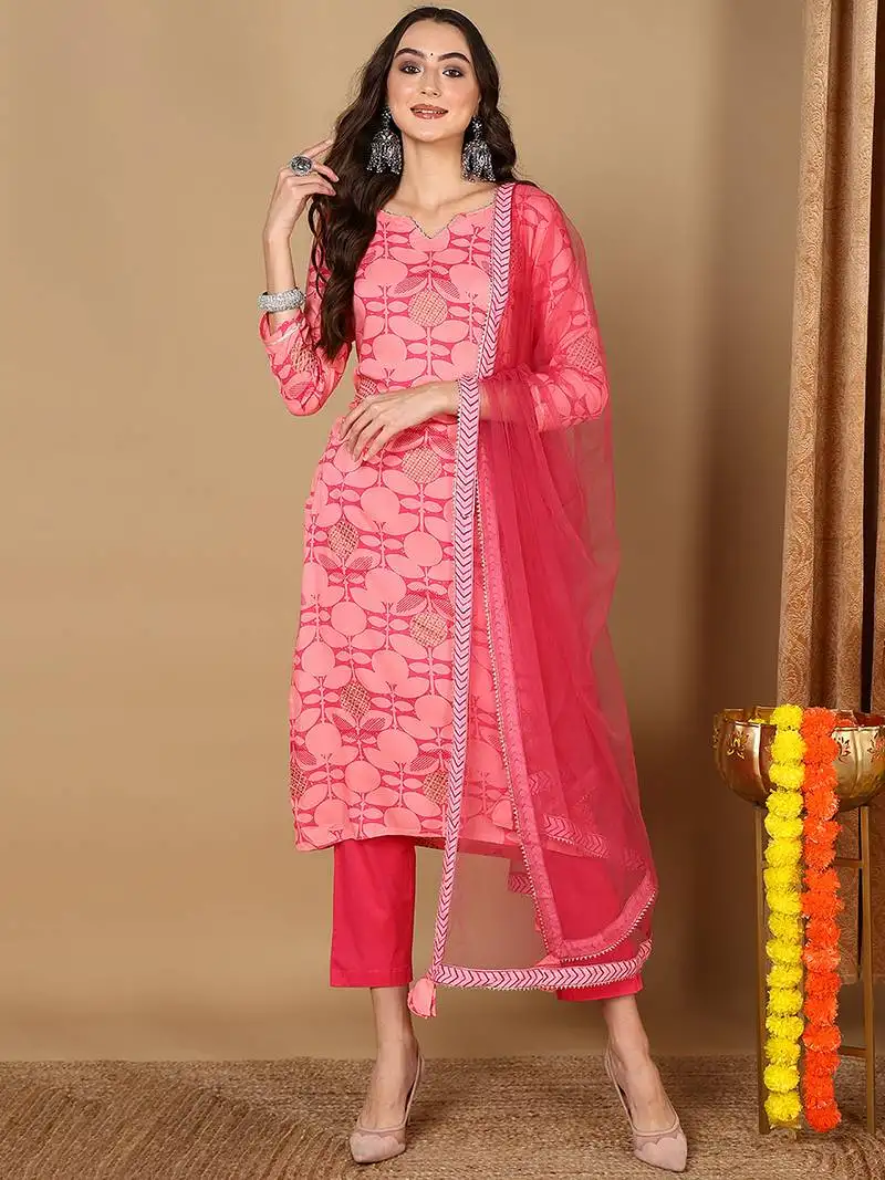 Women pink viscose rayon geometric printed straight kurta trouser with dupatta