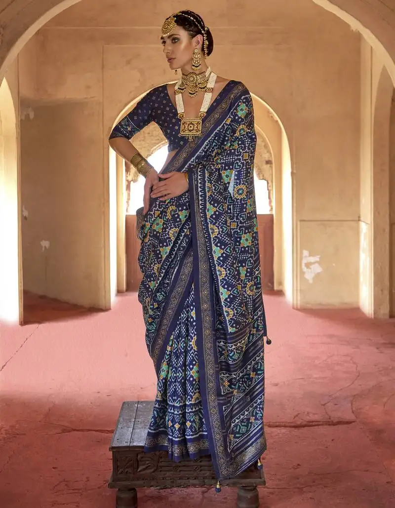 Navy blue poly viscose silk patola printed saree with heavy dimond swarovski work border
