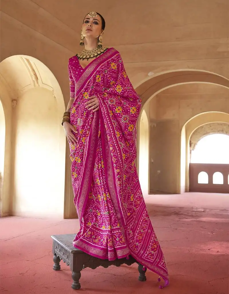 Hot pink poly viscose silk patola printed saree with heavy dimond swarovski work border