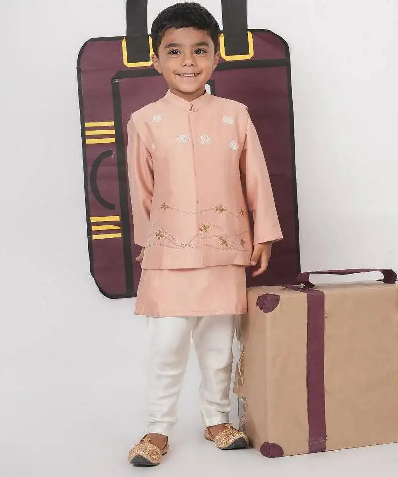 Onion pink kurta with aeroplanes::Clouds hand embroidered bundi jacket with pajama set