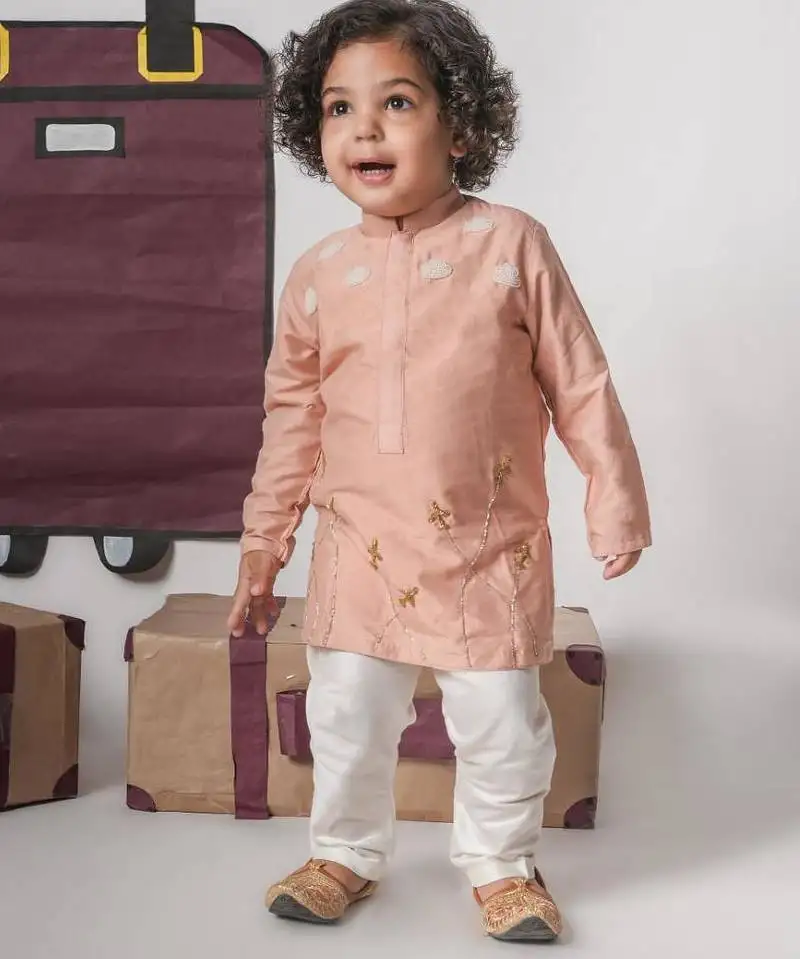 Onion pink aeroplans::Clouds hand embroidery kurta with pajama set
