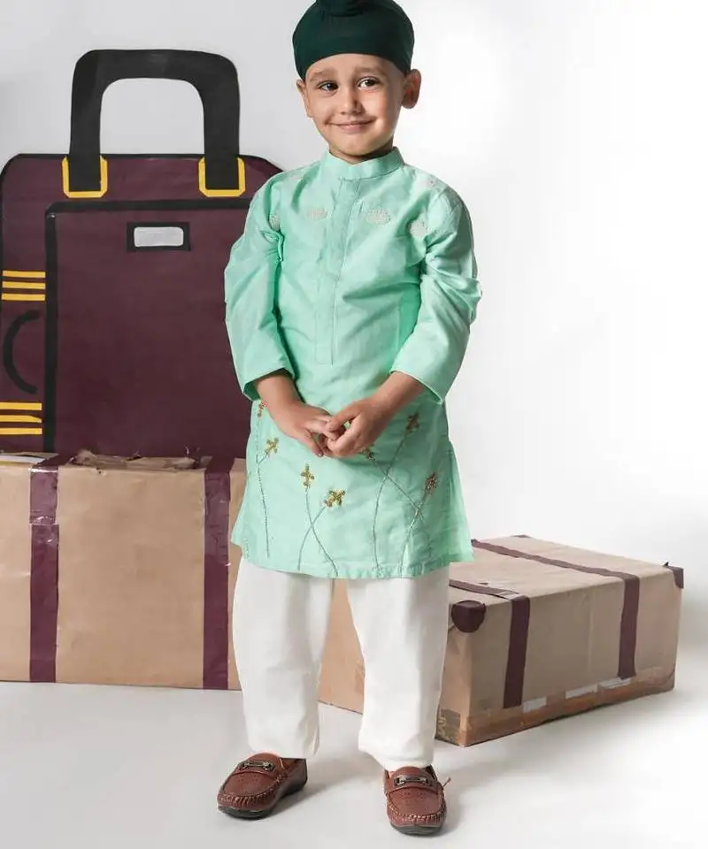Mint green aeroplans::Clouds hand embroidery kurta with pajama set