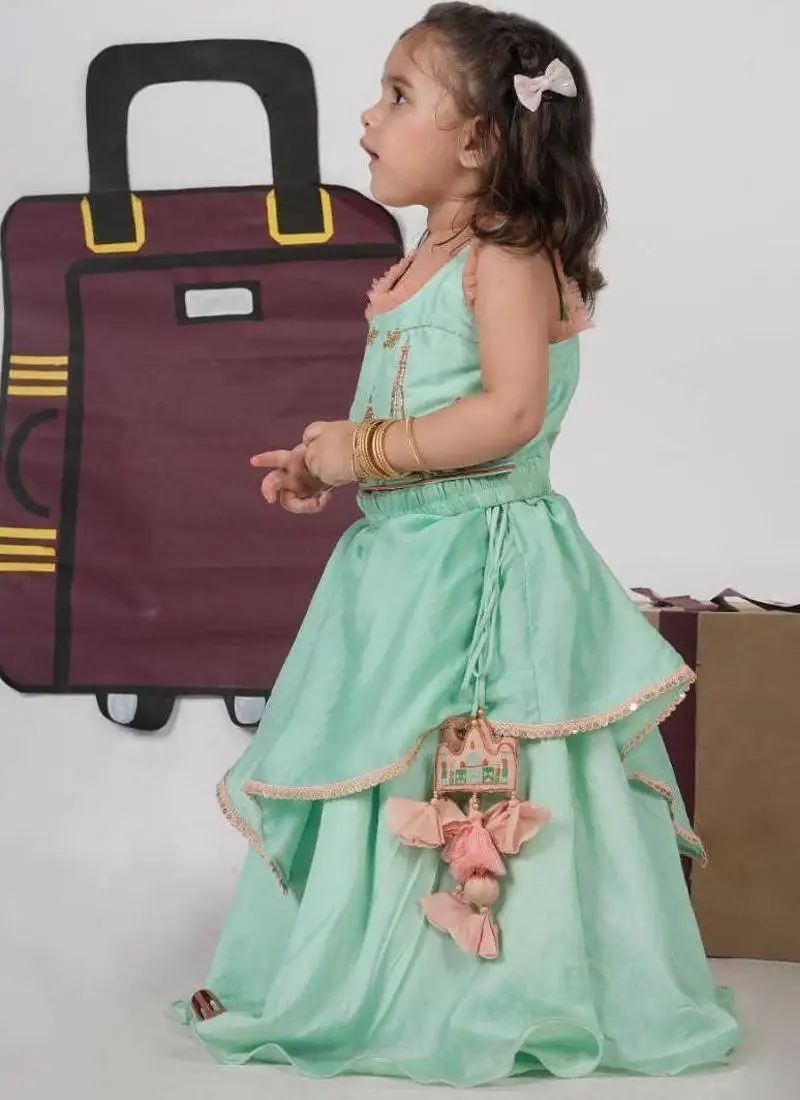 Mint green travel theme hand embroidered blouse with double layer ghagara set