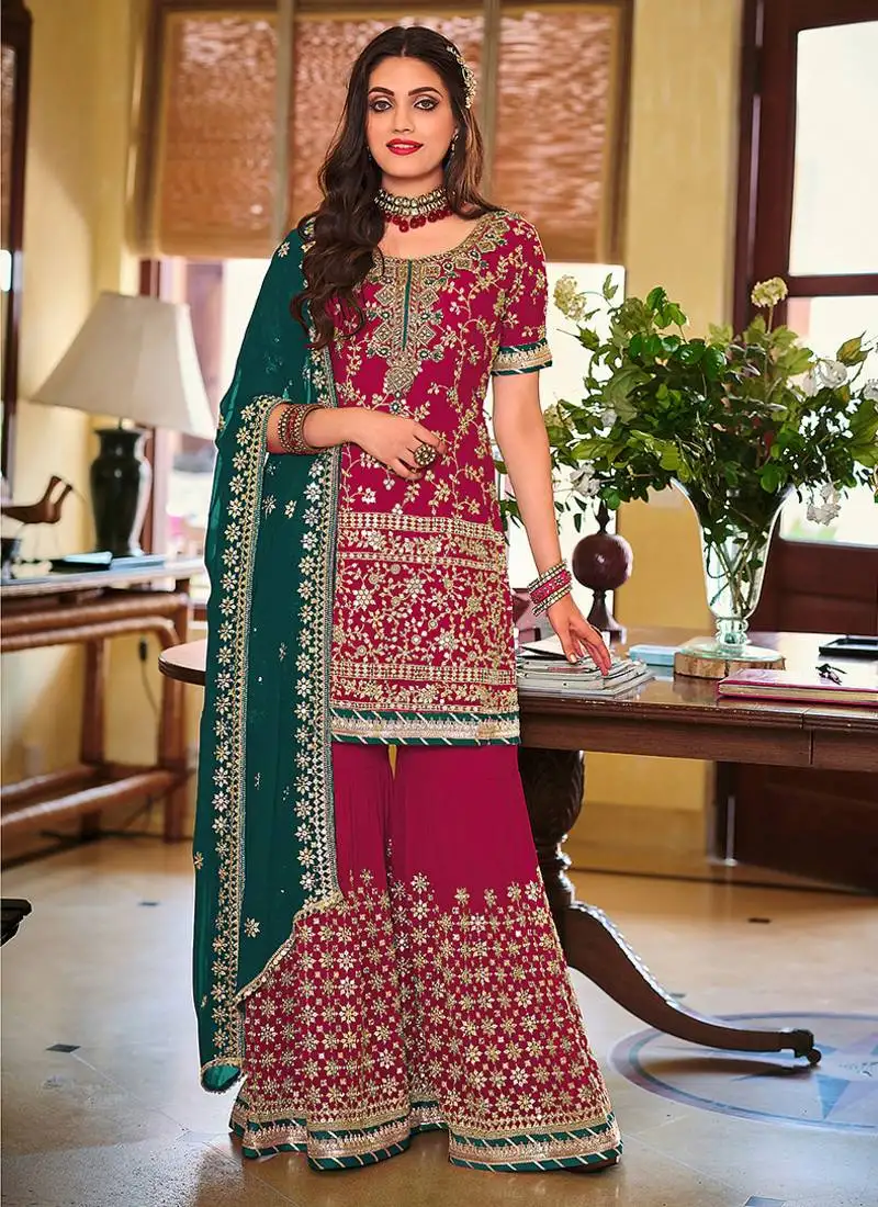 Red embroidery & sequence work faux georgette palazzo semi stitched