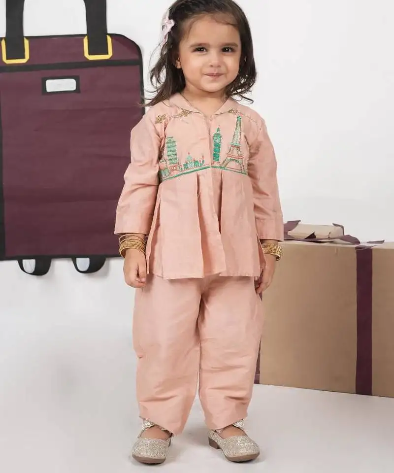 Onion pink travel theme hand embroidered cord set