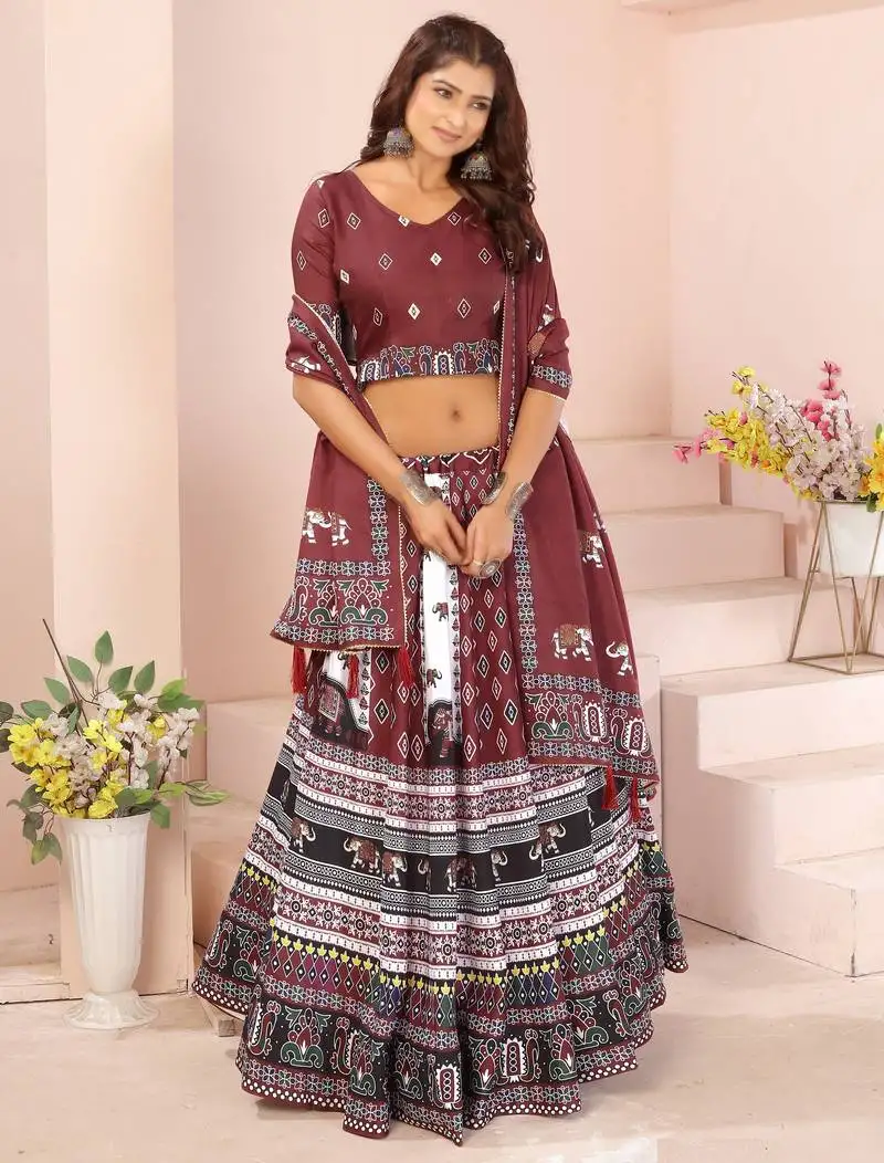 White rayon printed navratri special lehenga choli