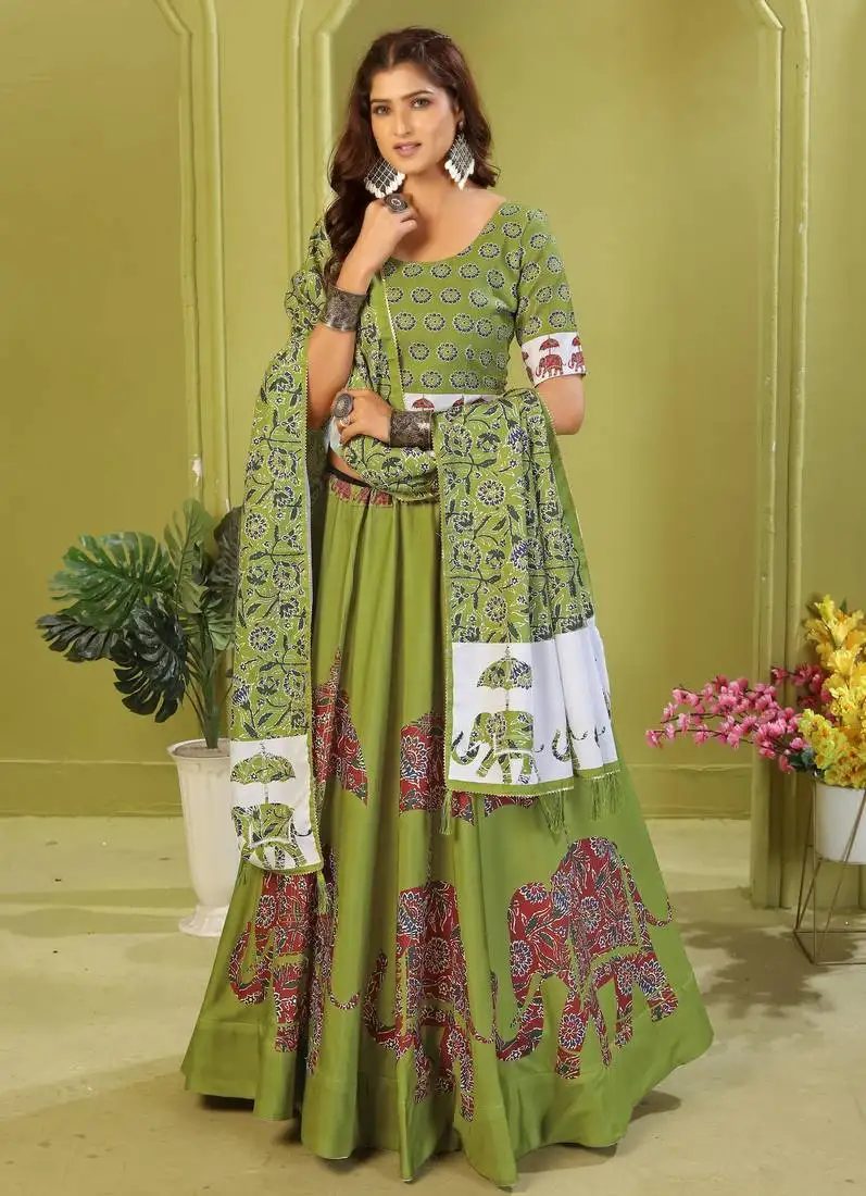 Green rayon printed navratri special lehenga choli