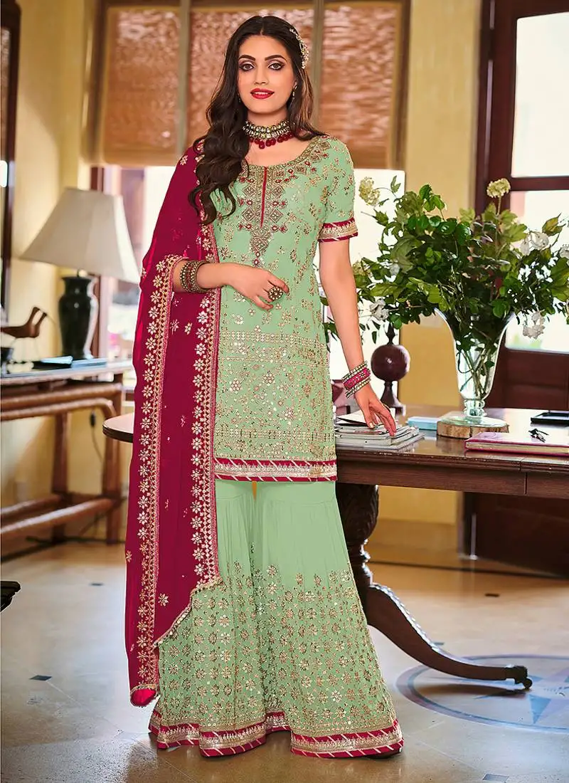 Pista green embroidery & sequence work faux georgette palazzo semi stitched