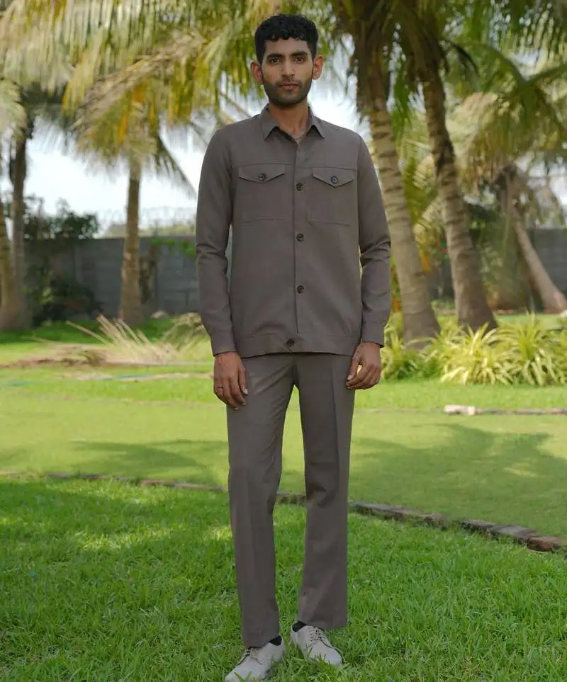 Brown 4-way stretch plain shacket