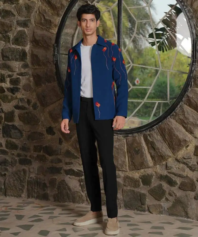 Teal blue 4-way stretch embroidered jacket