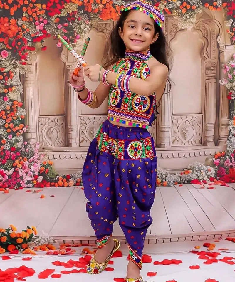 Blue embroidered cotton top & dhoti with cap set for girls